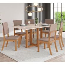 Mesa de Jantar Henn Natalí com 6 Cadeiras Milla - Nature/Off White/Marrom Amêndoa