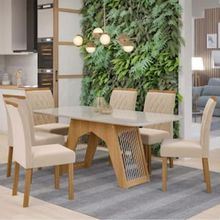 Mesa de Jantar Cimol Betina com 6 Cadeiras - Nature/Off White/Madeira/Nude