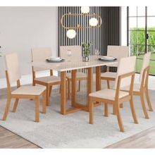 Mesa de Jantar Henn Natalí com 6 Cadeiras Milla - Nature/Off White/Linho