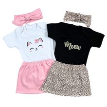 Kit 2 Conjunto Roupa Bebê Menina Feminino Blogueirinha Body Manga Curta e Saia Faixa Tiara Verão Oncinha Gatinha SB21490