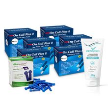 Kit Diabetes e Cuidados com os Pés - Para uma vida saudável 300 Tiras On Call Plus II + 100 Lancetas + 1 Creme de Calcanhar Veromed