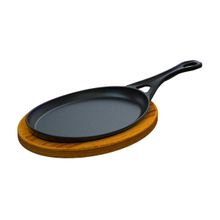Frigideira Oval Cabo Ferro Fundido Suporte Madeira 25x18cm