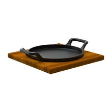 Bifeteira Redonda Alça Ferro Fundido Suporte Madeira 22cm