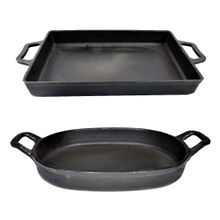 Kit 2 Assadeira E Alça Ferro Fundido Lisa Retangular E Oval