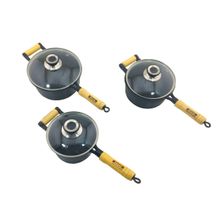 Jogo 3 Caçarolas Ferro Fundido Cabo de Madeira Tampa Vidro