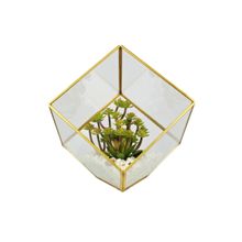 Terrário Decorativo Com Plantas Artificiais Modelo Cubo Dourado