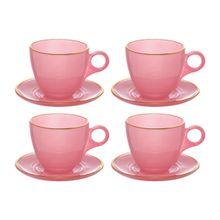 Xícaras Para Chá Com Pires De Vidro Matte Rosa Com Borda Dourada 170ml 4 Peças Hauskraft