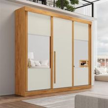 Guarda-Roupa Móveis Europa Sintra Flex com Espelho, 3 Portas, 3 Gavetas e 7 Prateleiras - 219,5cm de largura - Off White/Peroba