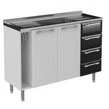 Balcão Pia Itatiaia Diamante com 2 Portas, 4 Gavetas e Nicho lateral - Branco/Preto