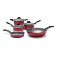 Conjunto de Panelas 5 Peças Brinox Ruby com Revestimento Interno Antiaderente Pro-Flon e Tampas de Vidro com Saída de Vapor - Vermelho