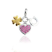 Pingente Good Vibes com Coração, Trevo e Ferradura da Sorte em Prata e Zirconia Pink Coleção Good Vibes