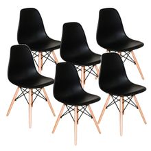 Kit com 6 Cadeiras Charles Eames Wood DSW Preta -  Base Madeira