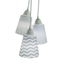 Lustre Pendente 3 Cúpulas Revestidas Tecidos Cinza E Branco