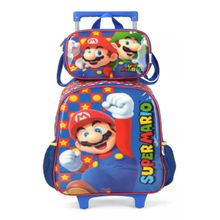 Mochila De Rodinhas Vermelho Super Mario Com Lancheira - Luxcel