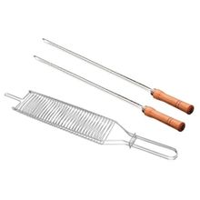 Conjunto de Grelha para Coraçãozinho e Espetos Simples Utimil em Aço Cromado, Aço Inox e Madeira – 3 Peças