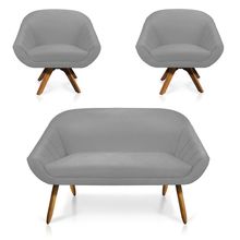 Kit 01 Namoradeira 02 Lugares e 02 Poltronas Giratória Giovana Suede Cinza Base Madeira MM30 - D'Rossi