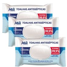 Lenço Umedecido ou Toalhas Antissépticas Mili  3 pacotes c/ 50 (Total: 150 toalhas)