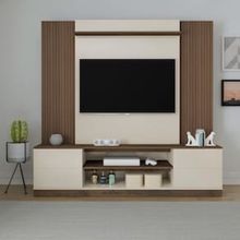 Estante Home Artely Champion com 180 cm de Largura, 2 Portas, Ideal para TV de Até 65” - Pinho Ripado/Off White