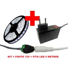 Kit Fita de Led Branco Frio 6000k com 5 Metros + Fonte Energia 12v Bivolt