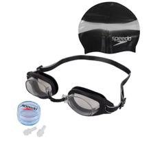 Kit Natação Speedo Swim Óculos Preto+ Touca+ Protetor Ouvido
