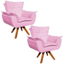 Kit 02 Poltronas Giratória Opala Suede Rosa Bebe Base Madeira MM30 D'Rossi
