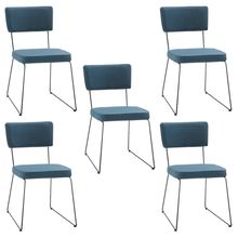 Kit 5 Cadeiras de Jantar Decorativa Base Aço Preto Luigi Linho Azul Jeans - Gran Belo