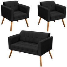 Conjunto 2 Poltronas e 1 Namoradeira Pés Palito Karen Suede Preto - Gran Belo