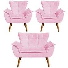 Conjunto 2 Poltronas e 1 Namoradeira Pés Palito Charger Suede Rosa - Gran Belo