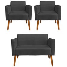 Conjunto Namoradeira e 2 Poltronas Decorativas Isabella Pés Palito Madeira Suede Preto - Gran Belo