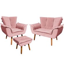 Conjunto Poltrona Puff e Namoradeira Pés Palito Charger Suede Rosê - Gran Belo