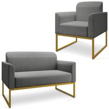 Conjunto Namoradeira e Poltrona Decorativa Isabella Base Industrial Linho Grafite/Dourado - Gran Belo