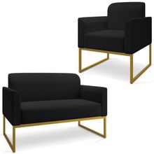 Conjunto Namoradeira e Poltrona Decorativa Isabella Base Industrial Linho Preto/Dourado - Gran Belo