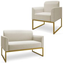 Conjunto Namoradeira e Poltrona Decorativa Isabella Base Industrial Linho Bege/Dourado - Gran Belo