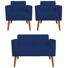 Conjunto Namoradeira e 2 Poltronas Decorativas Isabella Pés Palito Madeira Suede Azul Marinho - Gran Belo