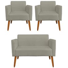 Conjunto Namoradeira e 2 Poltronas Decorativas Isabella Pés Palito Madeira Suede Nude - Gran Belo