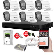 Kit CFTV 6 Câmeras de Segurança Hikvision Colorvu Imagens Noturnas Coloridas Full HD 1080p c/hd 2TB