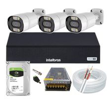 Kit Cftv 3 Cameras Segurança Full Color 1080p 2mp Dvr Intelbras 1tb