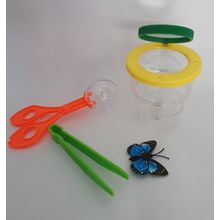 Kit Pequeno Explorador:  Pote para observação com 2 Lupas + Tesoura bola + Pinça
