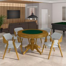 Conjunto Mesa de Jogos Carteado Bellagio Tampo Reversível Verde e 4 Cadeiras Madeira Poker Base Estrela Linho Cinza/Mel G42 - Gran Belo