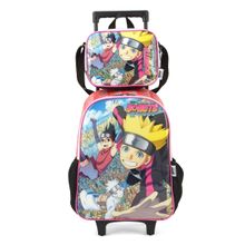 Mochila De Rodinhas Escolar Boruto + Lancheira Vermelha Luxcel