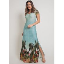 Vestido Longo Pau a Pique Estampado Azul