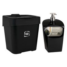 Kit Pia Cozinha Conjunto Lixeira 2,5 Litros E Porta Detergente Dispenser 2 Peças Linha Slim UZ Utilidades Preto