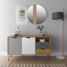 Bancada Buffet Estocolmo Carvalho/Grafite/Branco/Prata 2 Portas 2 Gavetas Usinadas 6 Pés em Metal - Artely