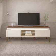 Rack Lumina Pinho/Off White para TVs de até 75 Polegadas Tampo com Bordas Invertidas e Fio de LED e Pés de Madeira - Artely