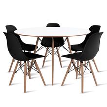 Conjunto de Mesa de Jantar Eames Eiffel Redonda 110cm Tampo de Madeira Branco com 5 Cadeiras Pretas