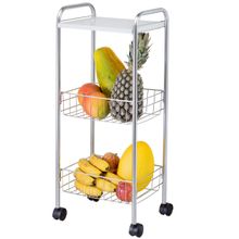 Fruteira de Chão com Rodas Dupla Cestos Cromado e Tampa de Madeira Organização Cozinha