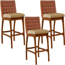 Kit 03 Banquetas Altas Sala De Jantar Fixa Mila B04 Couríssimo Camel Linho Bege Escuro - Lyam Decor