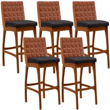 Kit 05 Banquetas Altas Cozinha Sala Jantar Fixa Mila B04 Couríssimo Camel Linho Chumbo - Lyam Decor