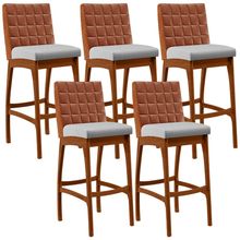 Kit 05 Banquetas Altas Cozinha Sala Jantar Fixa Mila B04 Couríssimo Camel Linho Cinza - Lyam Decor