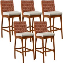 Kit 05 Banquetas Altas Sala De Jantar Fixa Mila B04 Couríssimo Camel Linho Champagne - Lyam Decor